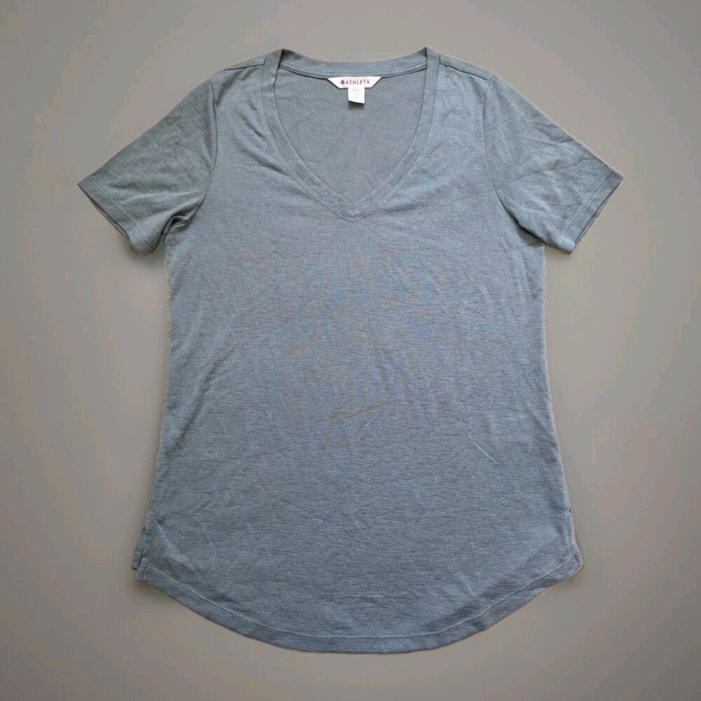 Athleta Women Breezy Scoop V Neck Short Sleeve T Shirt Top Size Small Teal Green